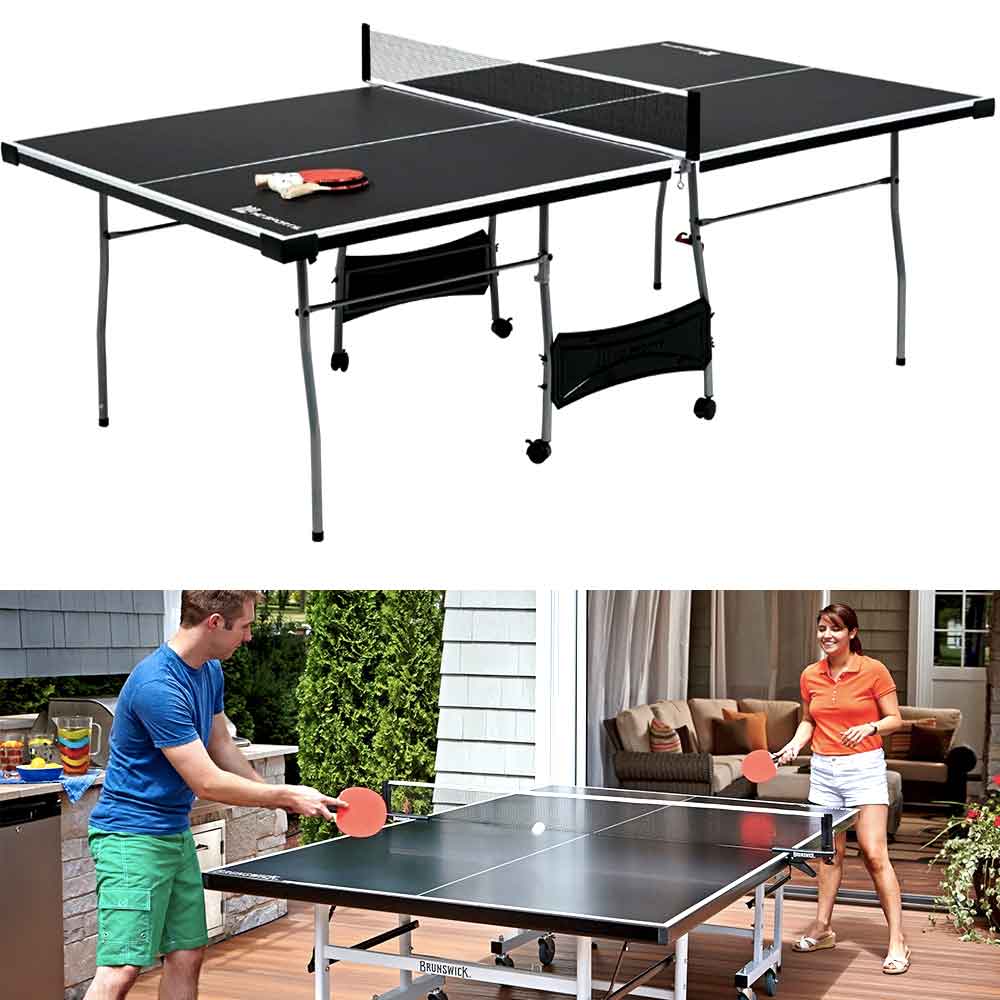 Black and white ping pong table, with friends playing on a patio