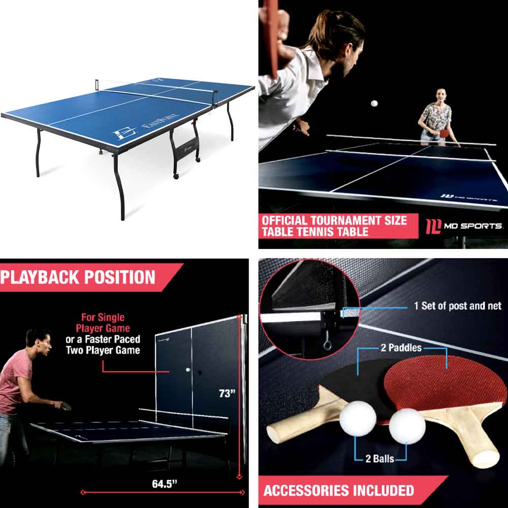 Ping pong table overview: full table, playback position and included accessories