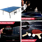 Ping pong table overview: full table, playback position and included accessories