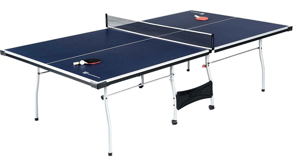 Blue foldable ping pong table with net, paddles and ball