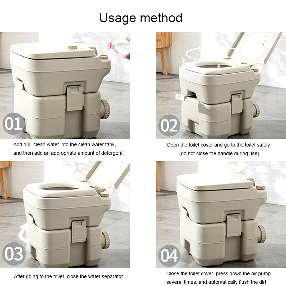 Portable flush toilet packed with road-trip gear