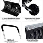 Snow pusher features: 26-inch blade, anti-slip wheels, handle grip and metal cutting edge