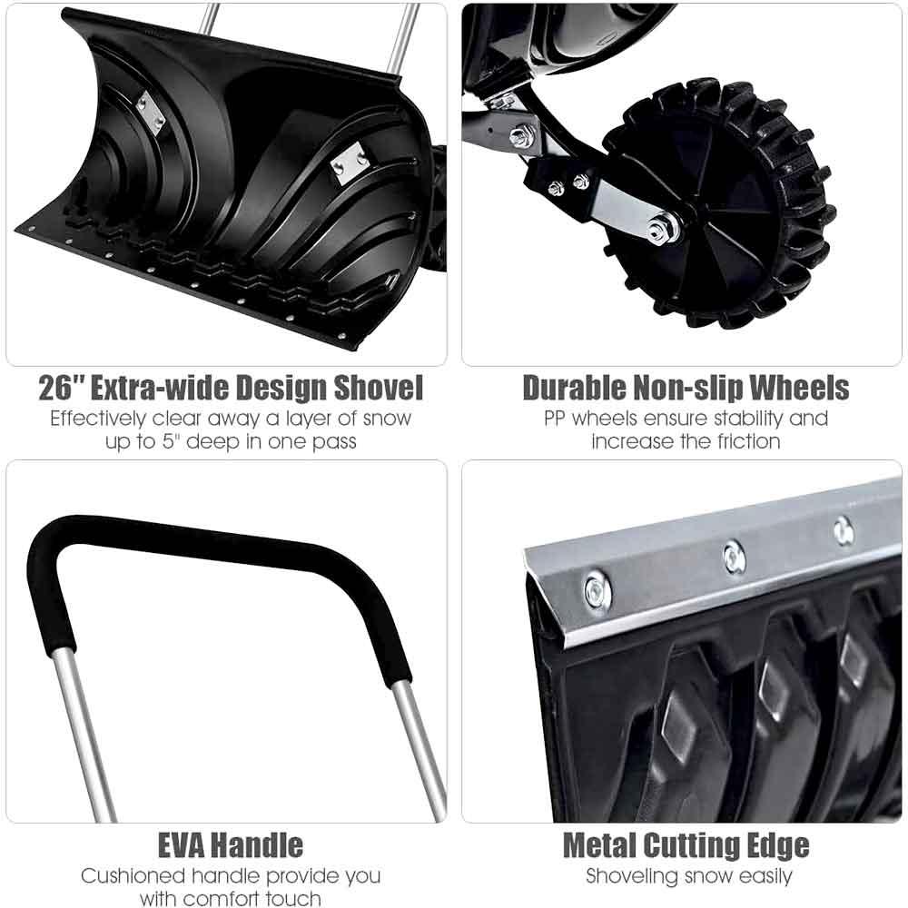 Snow pusher features: 26-inch blade, anti-slip wheels, handle grip and metal cutting edge