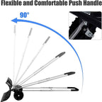 Snow pusher handle tilting up to 90 degrees for comfortable pushing
