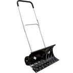 Rolling snow pusher with a 26-inch black blade, wheels and silver handle