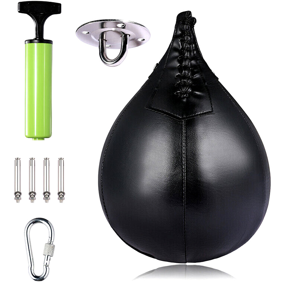 Black speed bag with pump, swivel, screws and hook