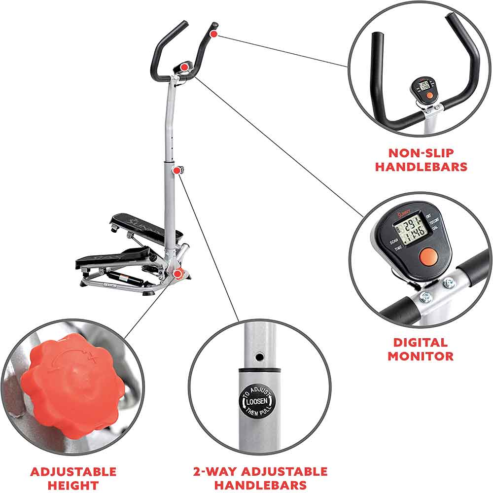 Stepper features: non-slip handlebars, digital monitor and adjustable height