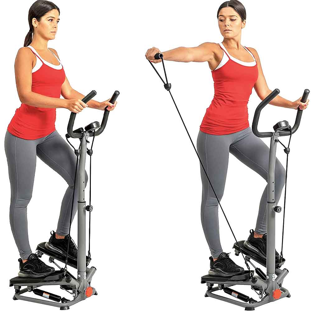 Stepping while pulling the resistance bands, side and front view