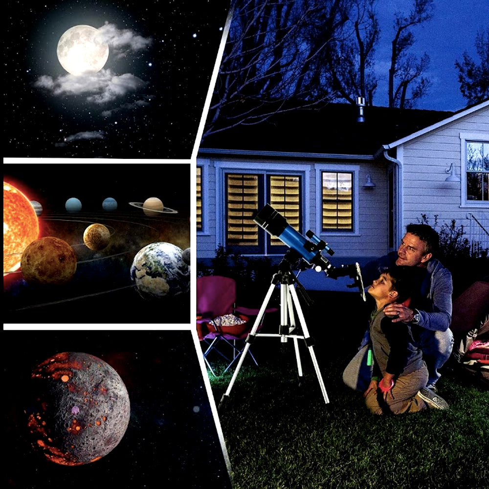 Moon and night-sky views, with a family using the telescope in the backyard