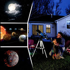 Moon and night-sky views, with a family using the telescope in the backyard