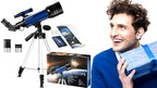 Smiling man with the telescope, its box and accessories