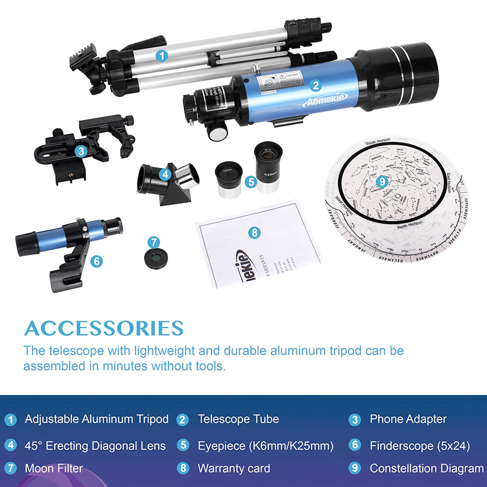 Telescope and tripod with accessories laid out