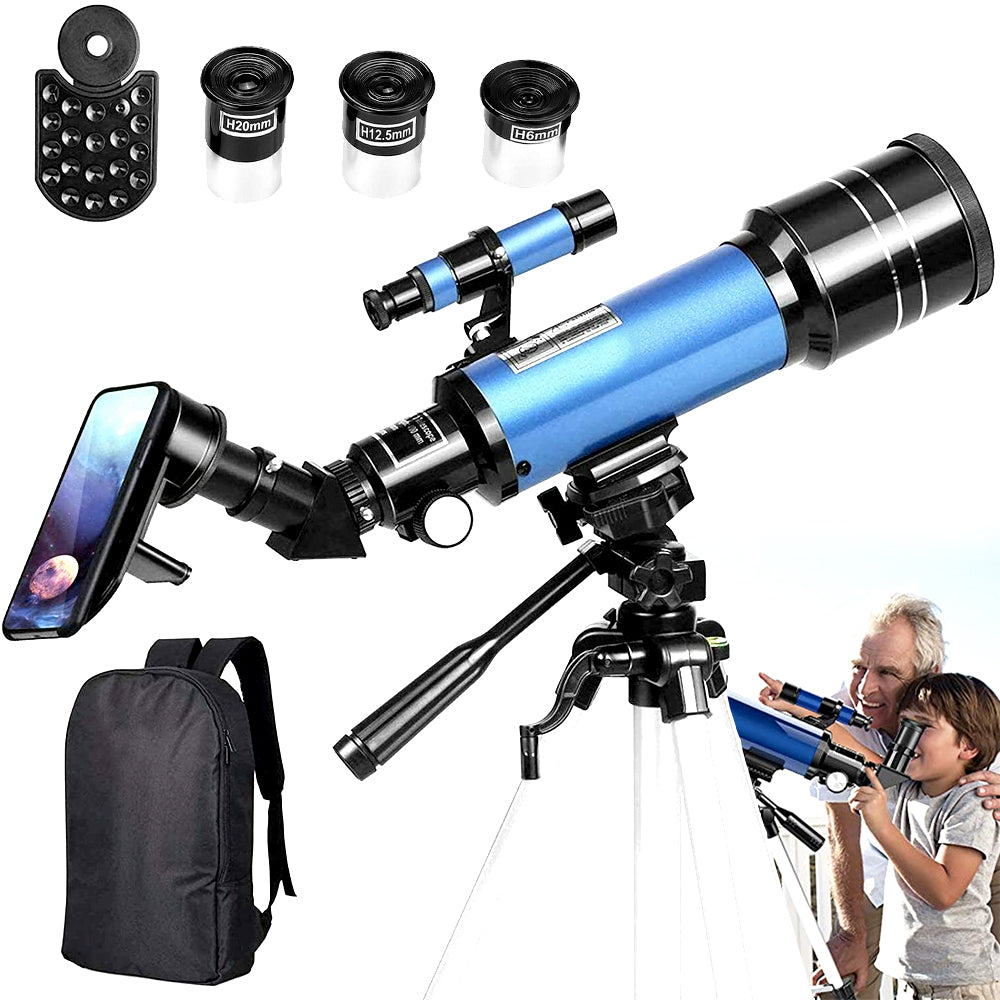 Blue telescope on its tripod with eyepieces and carrying backpack, kids stargazing