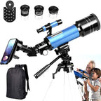 Blue telescope on its tripod with eyepieces and carrying backpack, kids stargazing