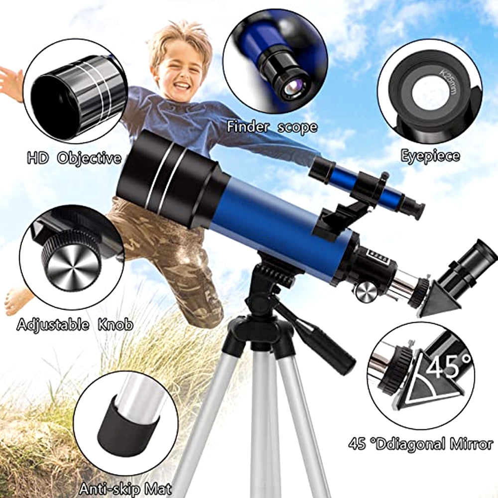 Telescope features: objective lens, finderscope, eyepiece, adjustment knob and diagonal