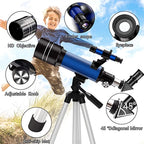 Telescope features: objective lens, finderscope, eyepiece, adjustment knob and diagonal