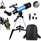 Telescope on its tripod with eyepieces and carrying backpack