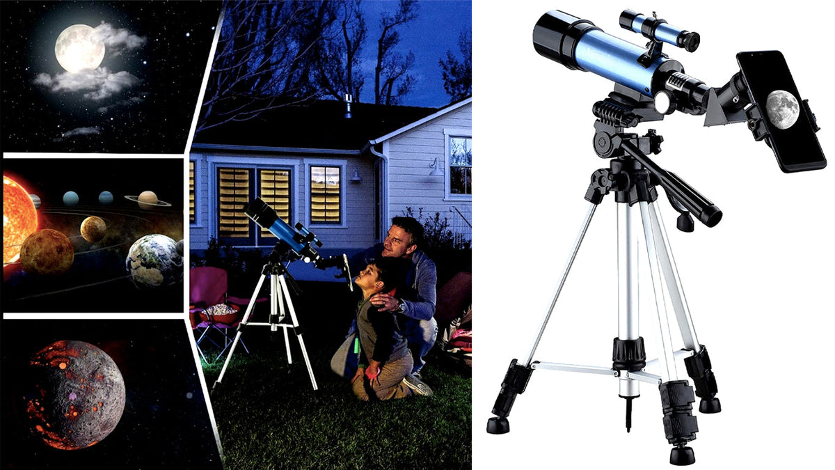 Beginner telescope on its tripod with night-sky photos of the moon