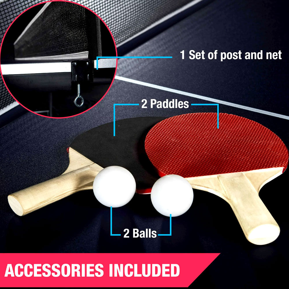 Included net and posts, two paddles and two balls