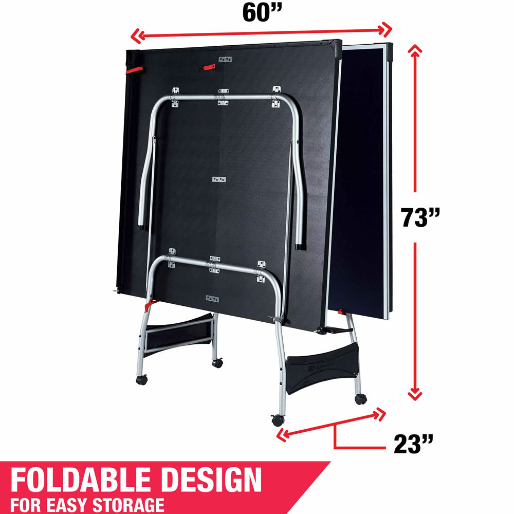 Ping pong table folded for storage: 60 x 23 x 73 inches