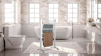 Freestanding towel warmer beside a bathtub in a bright bathroom