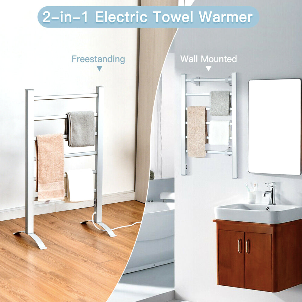 2-in-1 towel warmer shown freestanding and wall-mounted