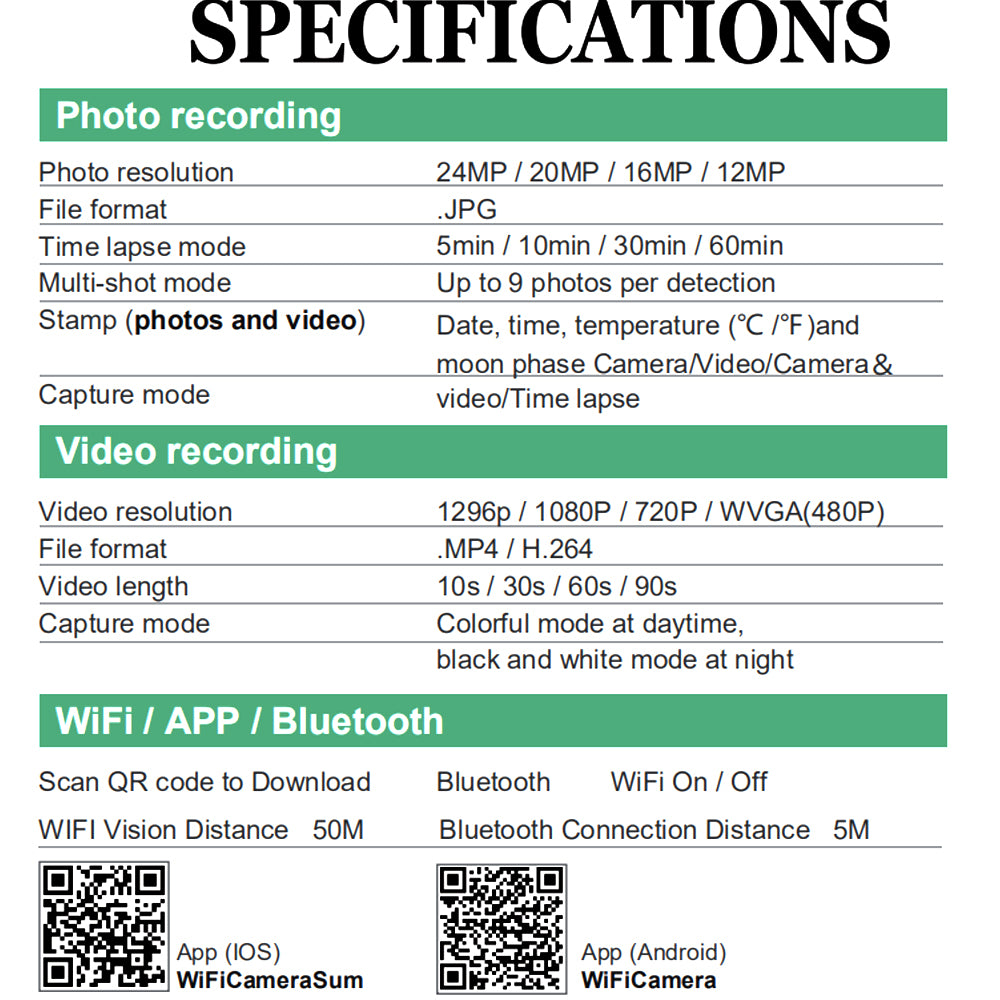Trail camera specifications for photo, video, WiFi and Bluetooth