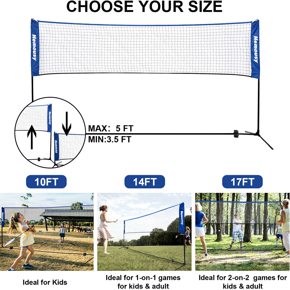Net widths of 10, 14 and 17 ft, with adjustable height