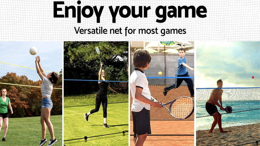 Families playing badminton and volleyball with the portable net