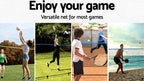 Families playing badminton and volleyball with the portable net