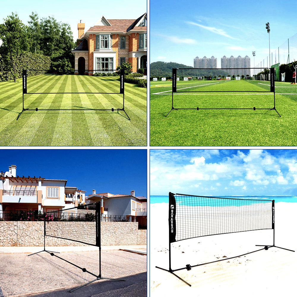 Portable net set up on a lawn and on an outdoor court