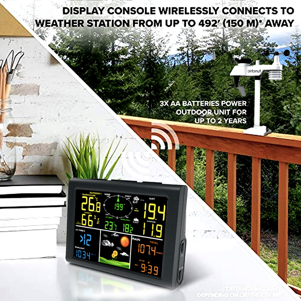 Color display console on a patio with the outdoor sensor on a railing