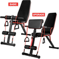 Basic and Upgrade benches side by side; the Upgrade adds an arm-curl pad