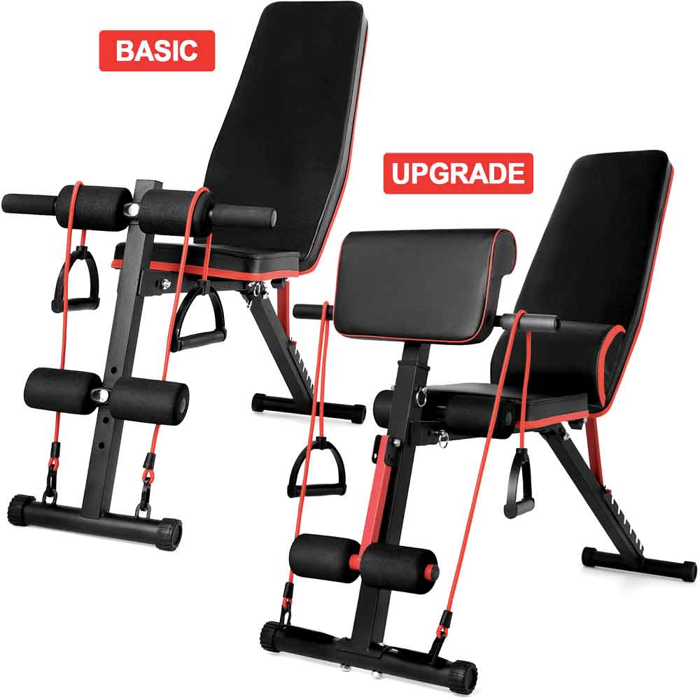 Basic and Upgrade benches side by side; the Upgrade adds an arm-curl pad