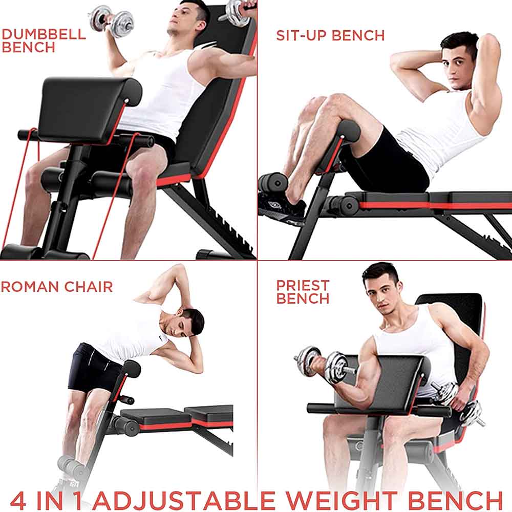 Bench set up for flat presses, sit-ups, Roman chair and preacher curls