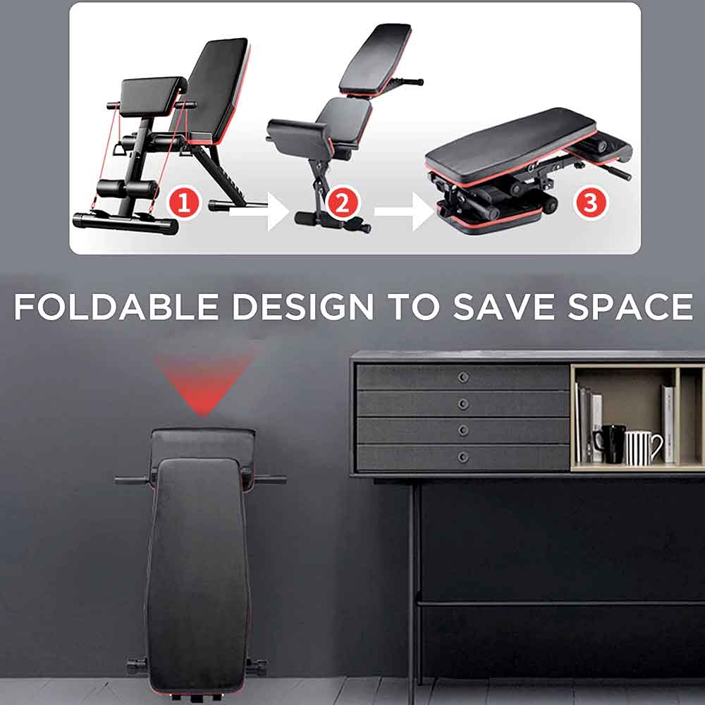 Workout bench folding flat to store under a desk