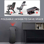 Workout bench folding flat to store under a desk