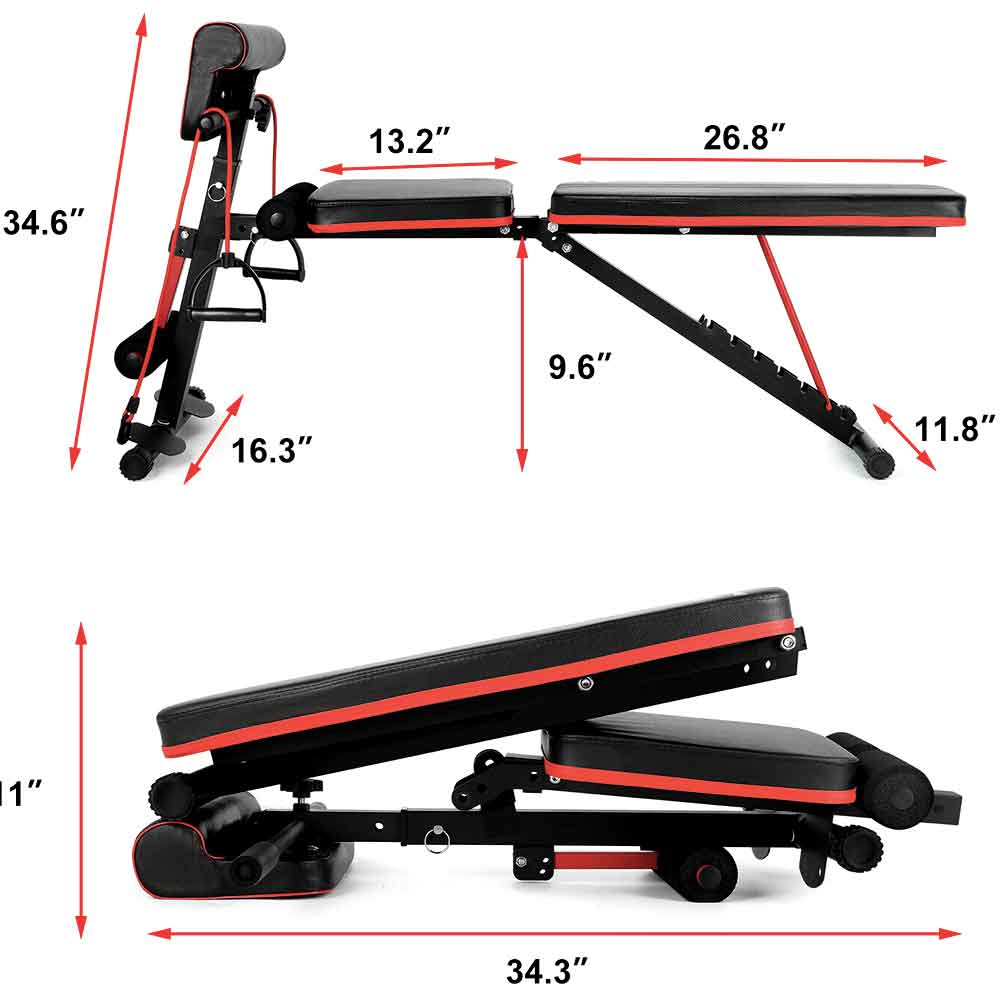 Workout bench dimensions, open and folded