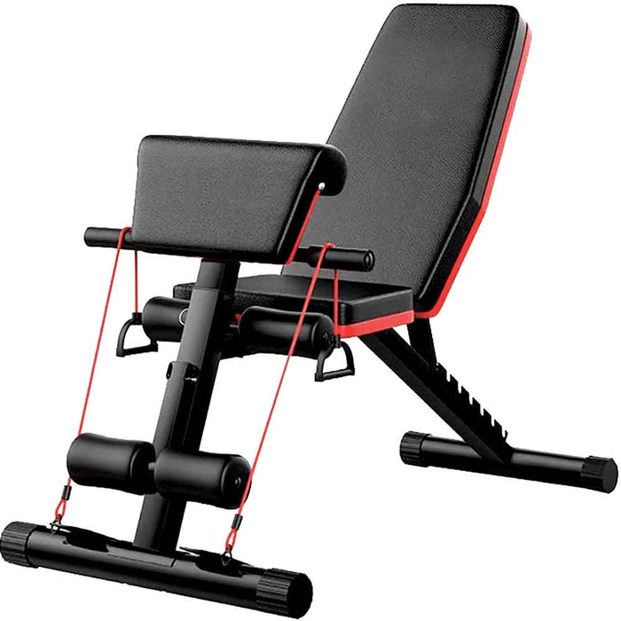 Black adjustable workout bench with leg rollers, arm-curl pad and resistance bands