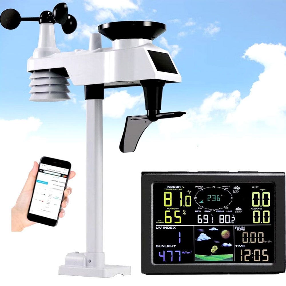 Wireless weather station with outdoor sensor, color display console and readings on a phone
