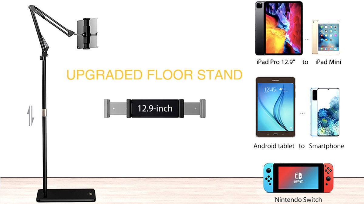 Floor stand that holds phones, tablets and handheld screens