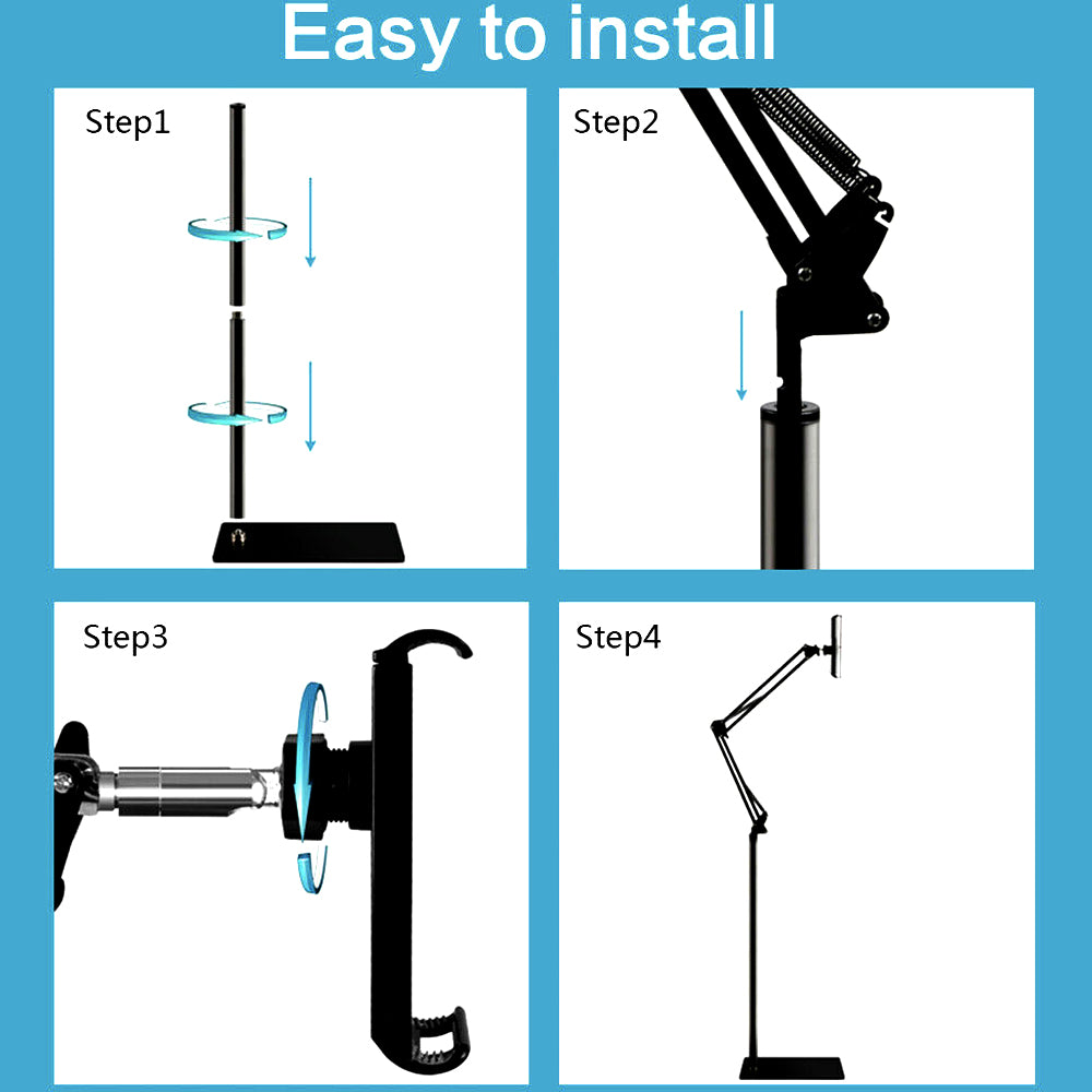 Four-step tool-free assembly of the tablet floor stand