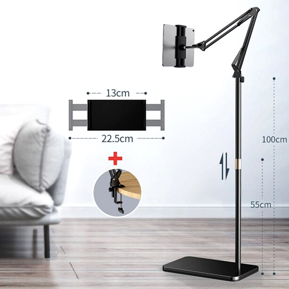 Black tablet floor stand with adjustable clamp and height