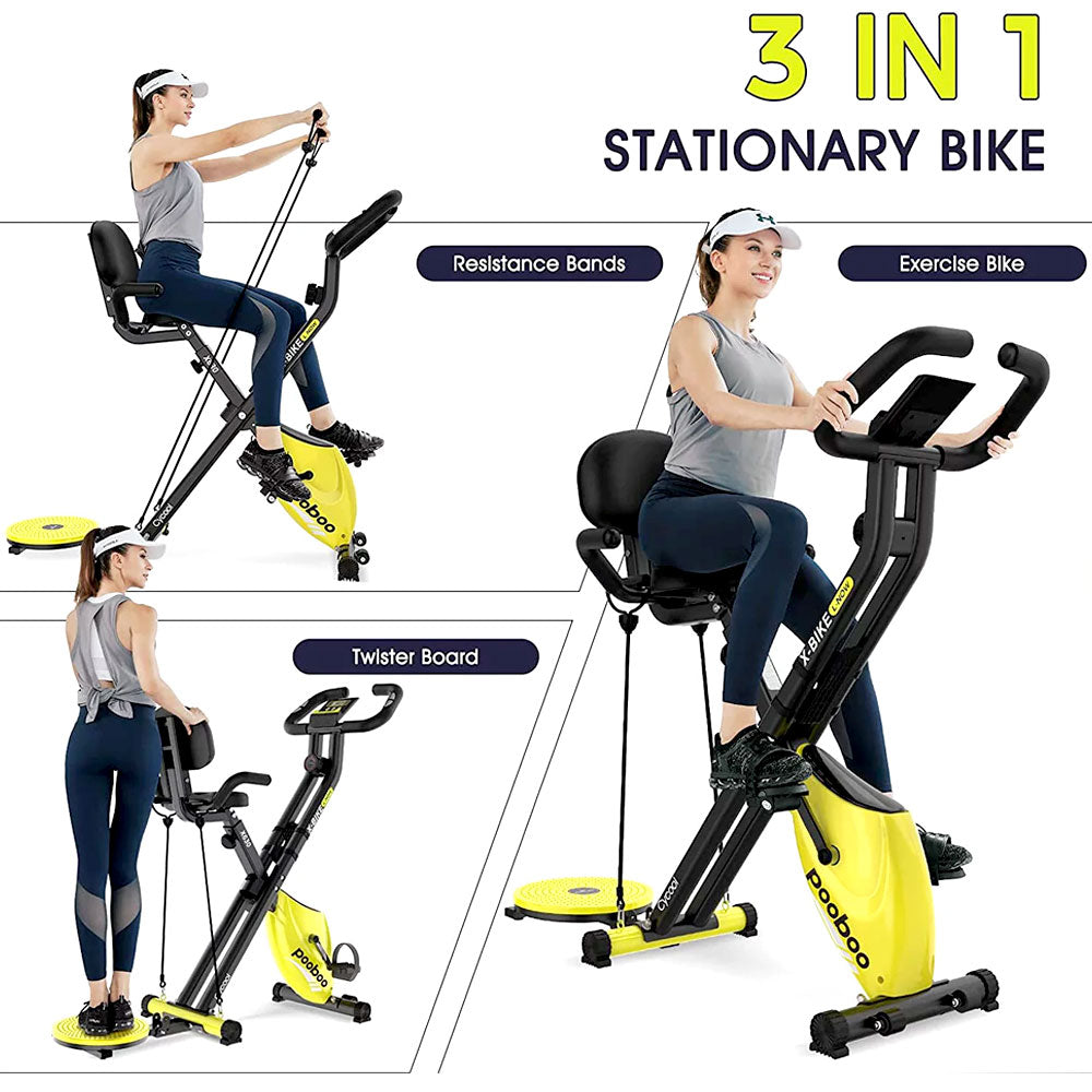 3-in-1 exercise bike used as a stationary bike, with resistance bands and with the twister board