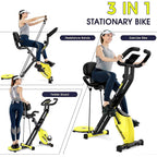 3-in-1 exercise bike used as a stationary bike, with resistance bands and with the twister board