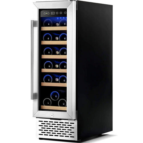 18-bottle stainless steel wine cooler with glass door, front view