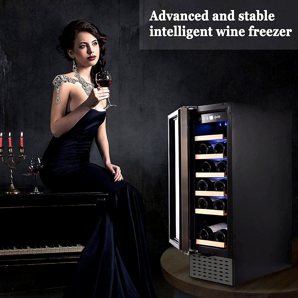 Woman holding a glass of wine beside the wine cooler