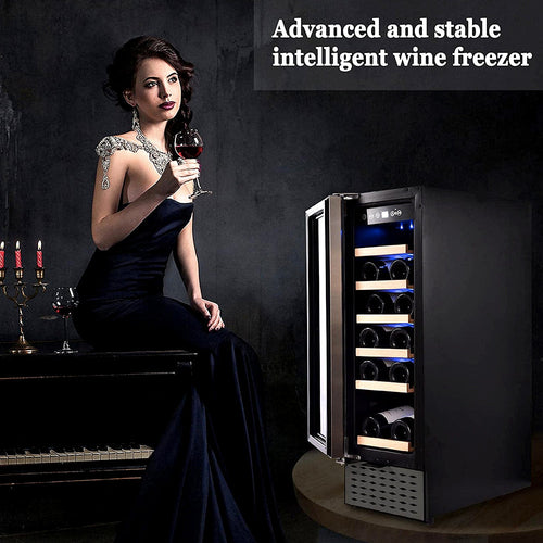 Woman holding a glass of wine beside the wine cooler
