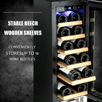 Wine cooler with beech wood shelves holding 18 bottles