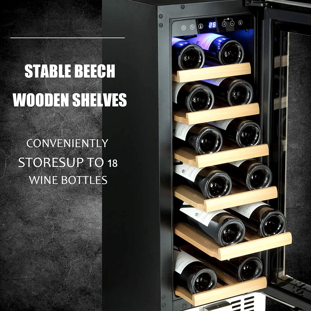 Wine cooler with beech wood shelves holding 18 bottles